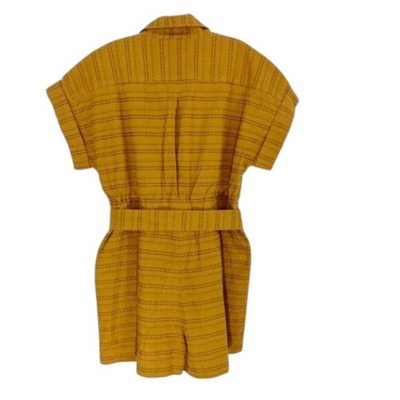 EUC Madewell Mustard Elastic Waist Belted Seersucker Camp Romper in Summer Sand - Picture 8 of 8